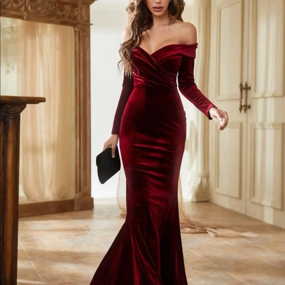 Party evening dress gown velvet long maxi off shoulder sexy burgundy red - Picture 4 of 7
